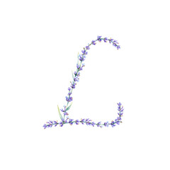 Floral Letter L. Watercolor hand drawn alphabet letter with botanical illustration of lavender flowers, leaves and branch. Initial letter for logo, greeting cards, invitations