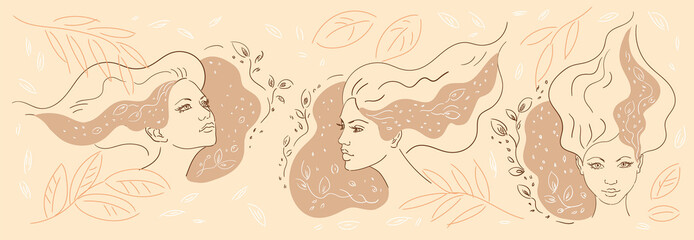 Collection of three sketches of woman faces with developing hair, colored spots and floral elements around. Image for a beauty salon. Vintage beige card, hand-drawn, vector. Fashion illustration