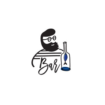 Bartender with bottle symbol or logo. Restaurant, food, bar concept, hand drawn elements. Vector.