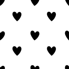 Seamless vector repeat pattern with small hand drawn doodle black hearts on white background. Simple cute kids Valentines day backdrop.