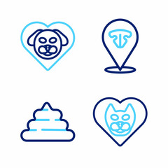 Set line Heart with cat, Shit, Cat nose and dog icon. Vector
