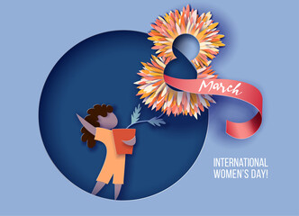 Happy Women Day 8 March holiday illustration. Paper cut black girl