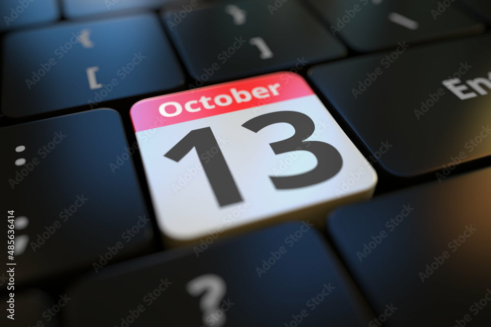 Aufkleber october 13 date on a keyboard key, 3d rendering