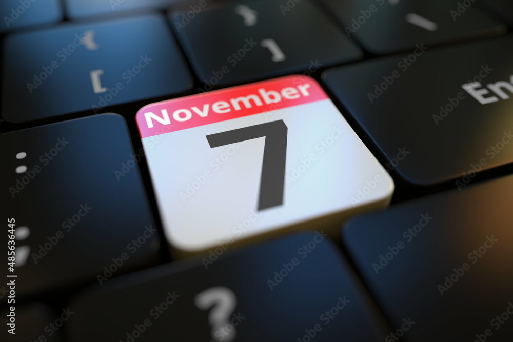 Poster november 7 date on a keyboard key, 3d rendering