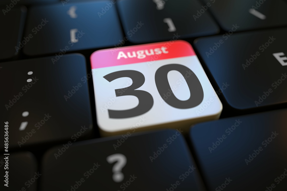 Poster august 30 date on a keyboard key, 3d rendering