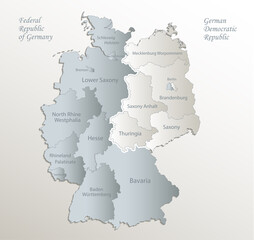 Germany map divided on West and East map, administrative division with names, white blue card paper 3D vector