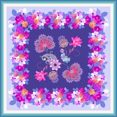 A fabulous arrangement of fancy flowers and paisley surrounded by a lush floral frame. Natural print in retro style for carpet, pillowcase, scarf, napkin. Vector design.