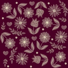 Delicate floral embroidery on a deep brown background. Endless natural ornament. Elegant natural print for fabric, wallpaper. Vector design.