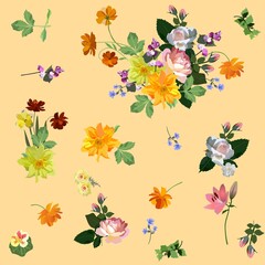 Natural pattern. Beautiful garden flowers and bouquets isolated on an orange background. Vector illustration. Seamless print for fabric in a romantic style. Bed linen, clothes, bright wallpaper.