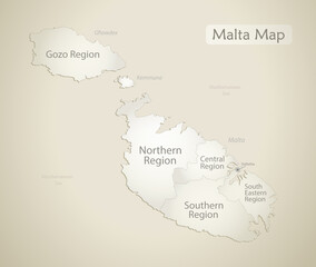 Malta map, Current regions with names, old paper background vector