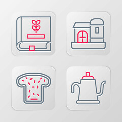 Set line Watering can, Bread toast, Farm house and Book about seeds icon. Vector