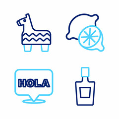 Set line Tequila bottle, Hola, Lime and Pinata icon. Vector © vector_v