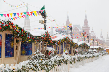 Moscow, Russia, February 7, 2022, fair on Red Square on a winter morning, it is snowing