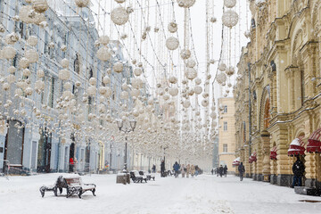 Moscow, Russia, February 7, 2022, Nikolskaya Square in the morning in winter, it is snowing.