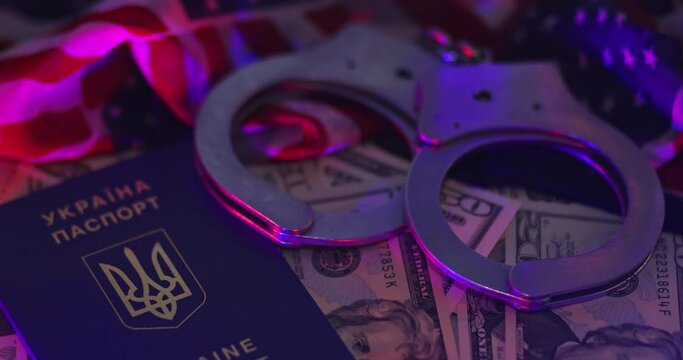 Arrest sanctions with criminal corruption handcuffs money dollar bills of light flasher police in passport Ukraine