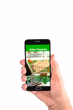 male hand holding cellphone smartphone showing virtual mall website or app, online shopping and fast delivery concept