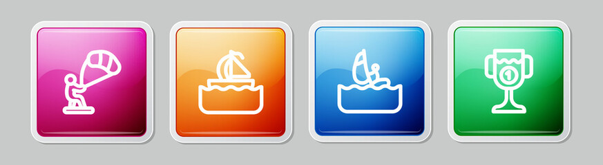 Set line Kitesurfing, Yacht sailboat, Windsurfing and Award cup. Colorful square button. Vector