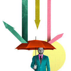 A man with an umbrella as a concept of protection from adverse factors. Art collage.