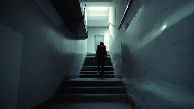 Back view of young brunette poor woman in a red sleeveless jacket gently rise up long old staircase from shelter basement in dark corridor, tracking shot.