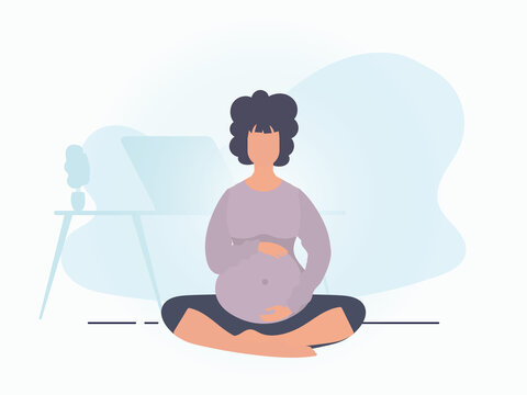 Yoga for pregnant women. Active well built pregnant female character. Banner in blue colors for your design. Vector illustration in cartoon style.