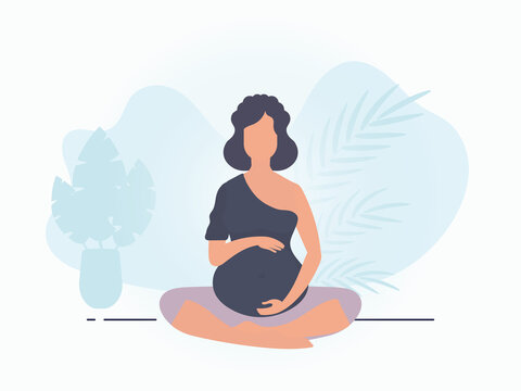 Yoga for pregnant women. Active well built pregnant female character. Banner in blue tones for you. Flat vector illustration.