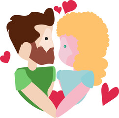 A man with a beard and brown hair looks in love and hugs a caucasian girl with blonde curly hair in a heart shape with red hearts around
