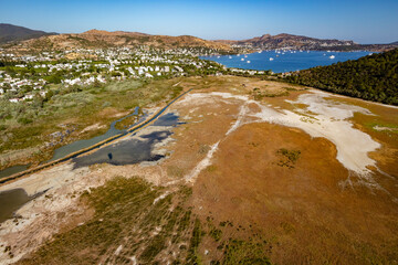 Aerial view of Kovalik wetland in Golkoy, Bodrum, Turkey.