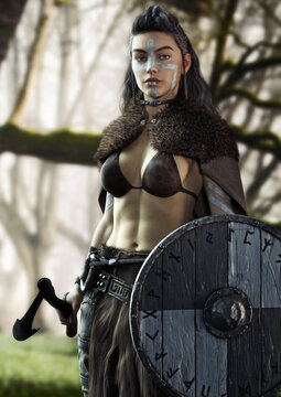 Fierce Viking warrior female standing ready before the battle equipped with a bearded axe and round shield and wearing tribal paint markings  . 3d rendering