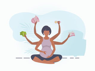 Yoga for pregnant women. Happy pregnancy. Postcard or poster in gentle colors for your design. Flat vector illustration.