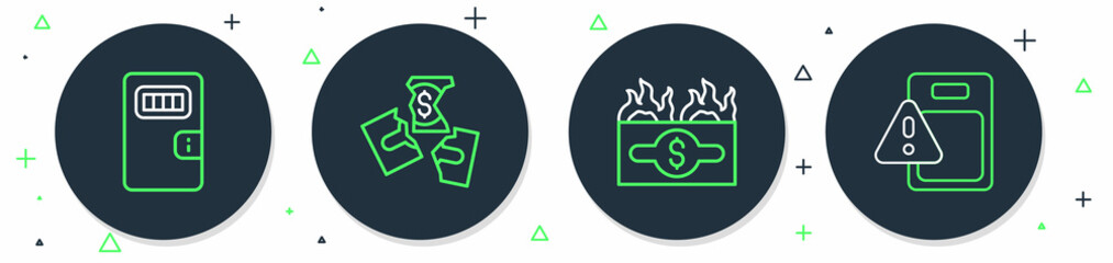 Set line Tearing money banknote, Burning dollar bill, Prison cell door and Global economic crisis icon. Vector