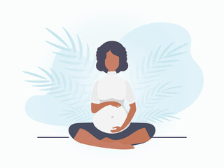 Yoga for pregnant women. Yoga and sports for pregnant women. Postcard or poster in gentle colors for your design. Flat vector illustration.
