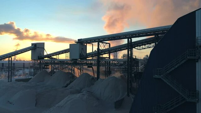 Piles of wood chips for the production of chipboard at the factory