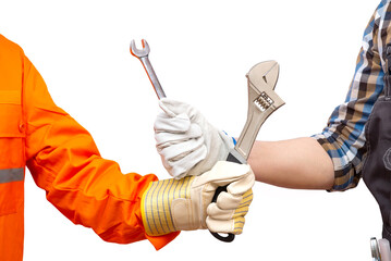 locksmith and technician hold wrench in hand. Cooperation concept.