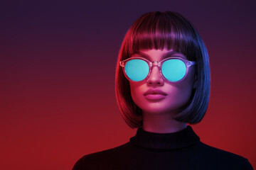 Portrait of a girl in neon light. Blue cyberpunk sunglasses. - 485639401