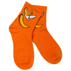 A pair of orange socks, vertically standing, with a banana pattern, on a white background
