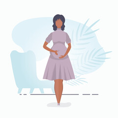 Full length pregnant woman. Happy pregnancy. Banner in blue tones for you. Flat vector illustration.