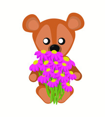 Nice little Teddy bear with a bouquet of spring flowers vector greeting card design isolated white background. For designing a wide range of objects of various sizes without loss of quality.EPS10.