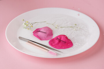 Flat lay Minimalism false eyelashes with tweezers for eyelash extension on flower. Copy space beauty fashion