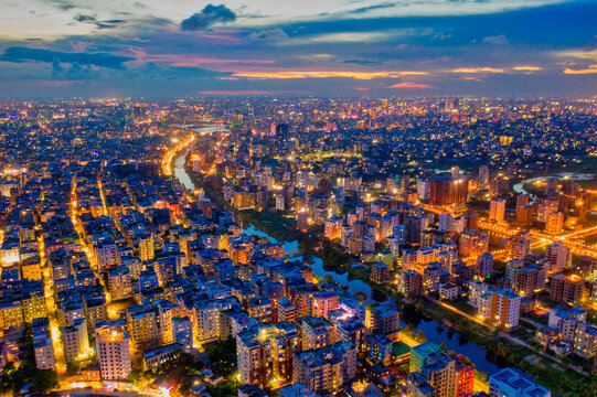 Aerial view of Dhaka residential district at sunset, Dhaka, Bangladesh.