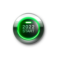 Start 2022 button with green light on white background - 3D illustration	
