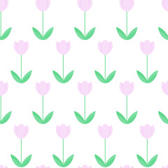 Pink, tulip, green, leaves, endless, seamless, pattern, on white, stock, vector, illustration, for web, for print, for fabric print, for wallpaper, spring, summer