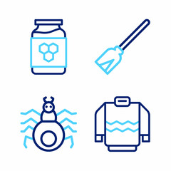 Set line Sweater, Spider, Handle broom and Jar of honey icon. Vector
