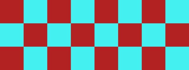 Checkerboard banner. Cyan and Firebrick colors of checkerboard. Big squares, big cells. Chessboard, checkerboard texture. Squares pattern. Background.