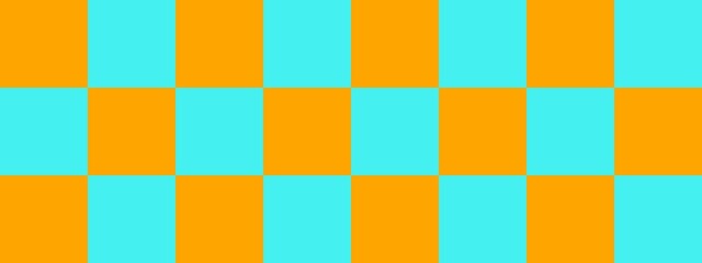 Checkerboard banner. Cyan and Orange colors of checkerboard. Big squares, big cells. Chessboard, checkerboard texture. Squares pattern. Background.