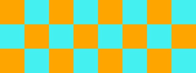 Checkerboard banner. Cyan and Orange colors of checkerboard. Big squares, big cells. Chessboard, checkerboard texture. Squares pattern. Background.