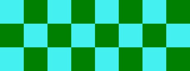 Checkerboard banner. Green and Cyan colors of checkerboard. Big squares, big cells. Chessboard, checkerboard texture. Squares pattern. Background.
