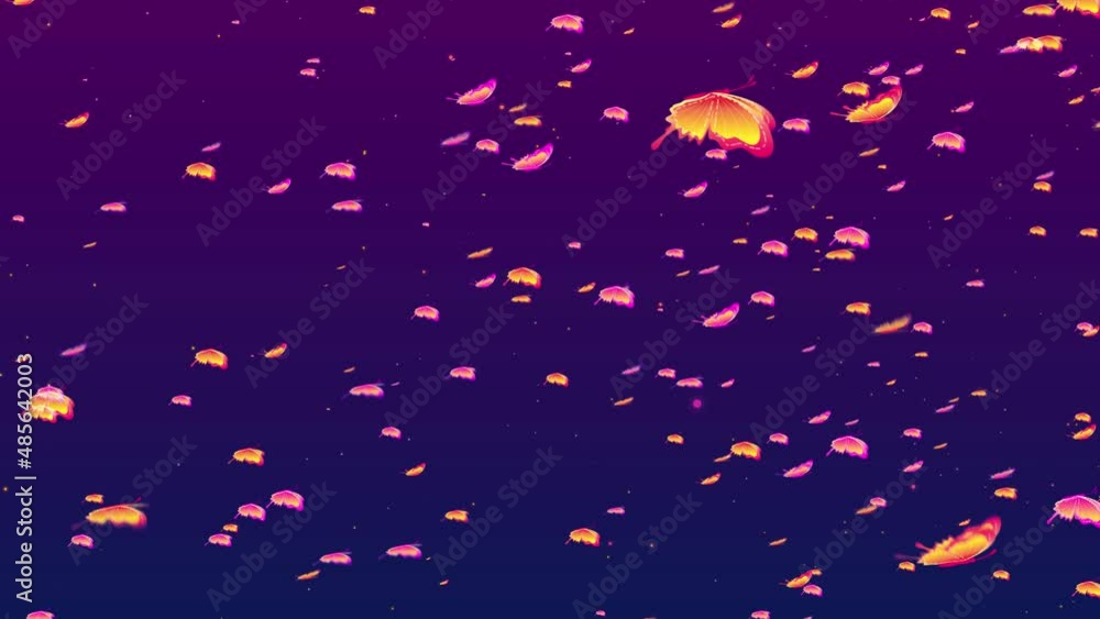 Poster two kind flying styles red yellow pink shiny swarm of butterflies flying scatter in the air with gli
