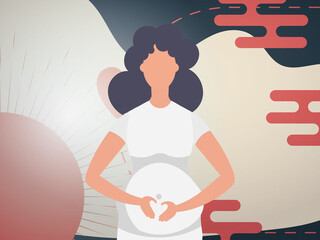 A pregnant girl holds her hands on her stomach. Chinese style banner. Vector illustration.