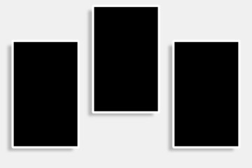 3 Rectangle photo frames in black and white colors, clean rectangular borders and vertical layout. Used as a collage template to place pictures or photographs, simulating old and classic photos look.