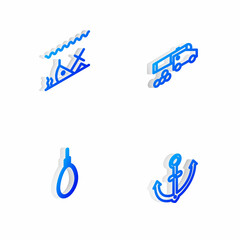 Set Isometric line Cannon with cannonballs, Sunken ship, Gallows rope loop hanging and Anchor icon. Vector